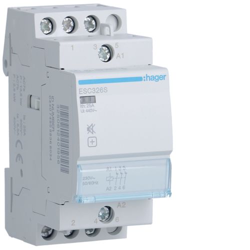 Контактор бесшумный Hager ESC326S 25A, 3НЗ, 230В - фото 1